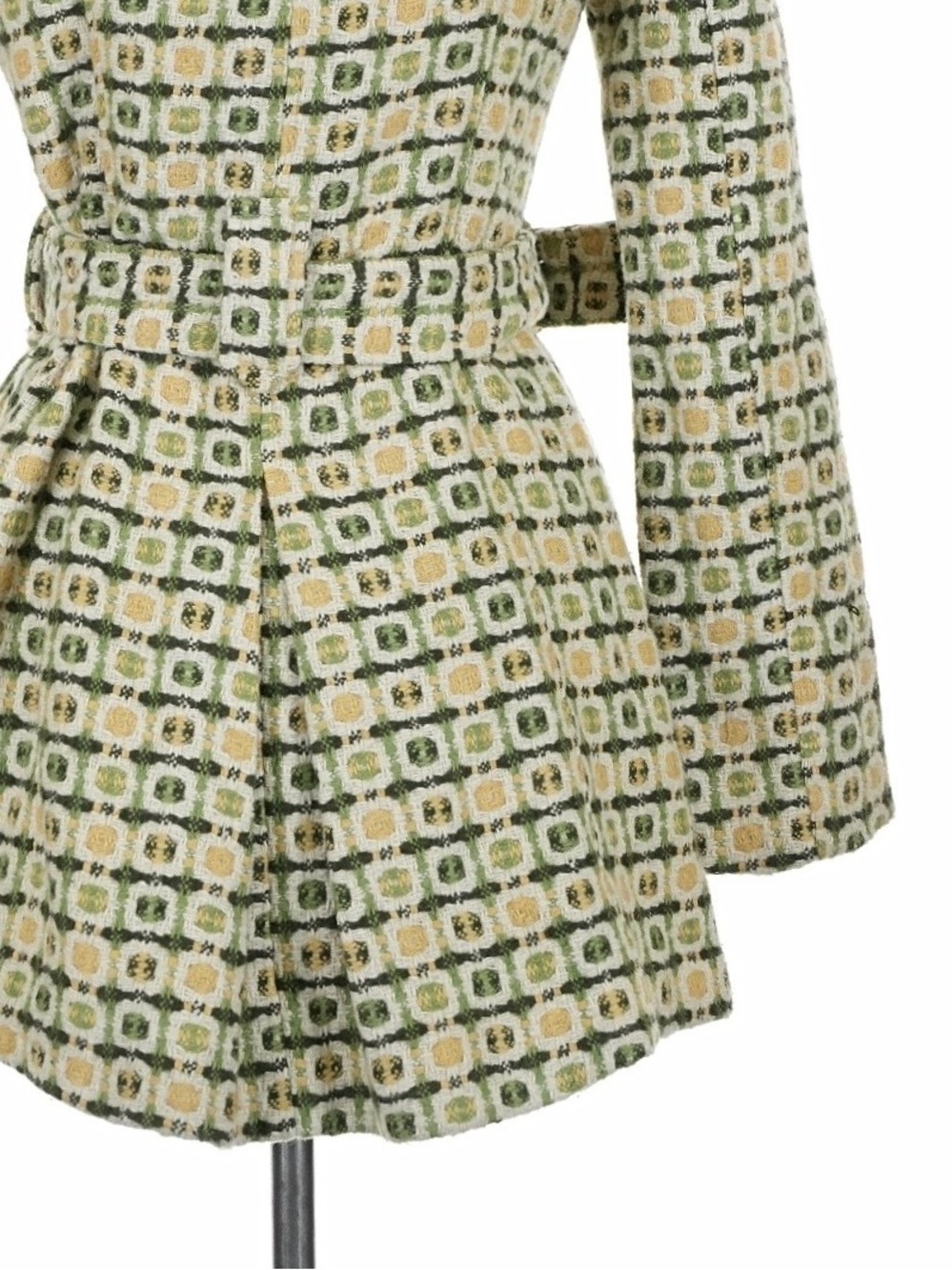Green, Yellow, and Cream Geometric Pattern Belted Trench Coat Austin Powers Vibe - Picture 9 of 11